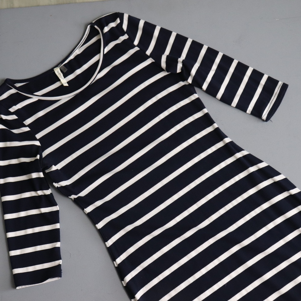 Navy and White Striped Knit Dress - Size Large